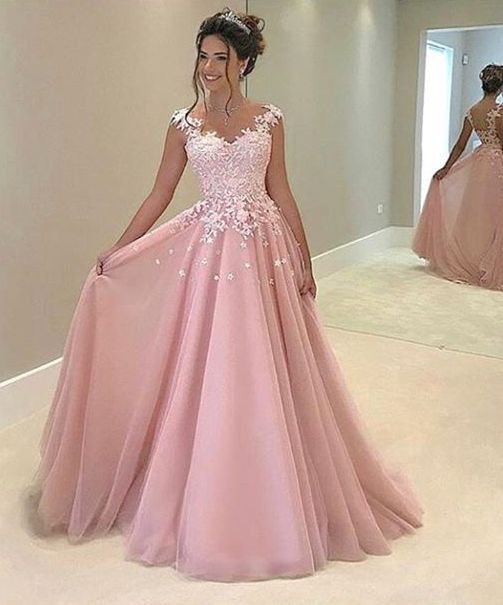 2017 Prom Dress Pink Dress With Light Purple Appliques Aline Style